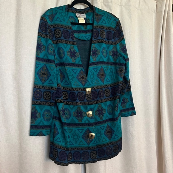 Vintage Jackets & Blazers - 5/$75 Vintage 80s Colorful Teal Southwest Blazer with Large Gold Buttons 9